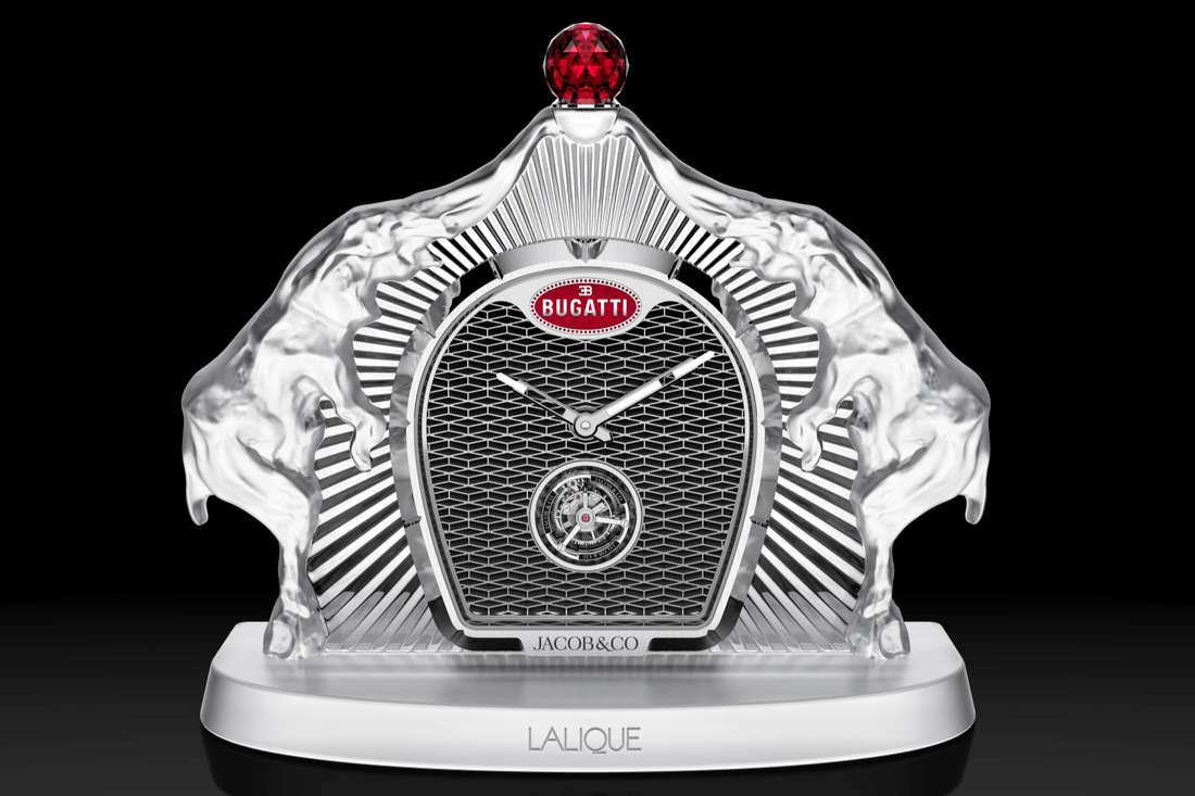 A bold creation by Jacob & Co., Bugatti, and Lalique: The Bugatti Calandre Table Clock