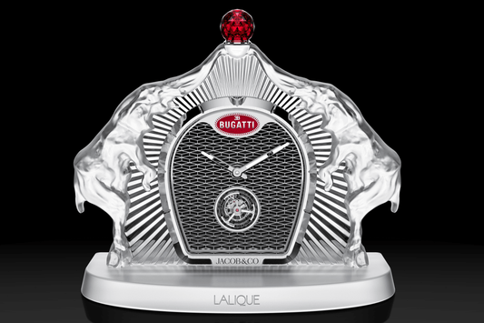 A bold creation by Jacob & Co., Bugatti, and Lalique: The Bugatti Calandre Table Clock
